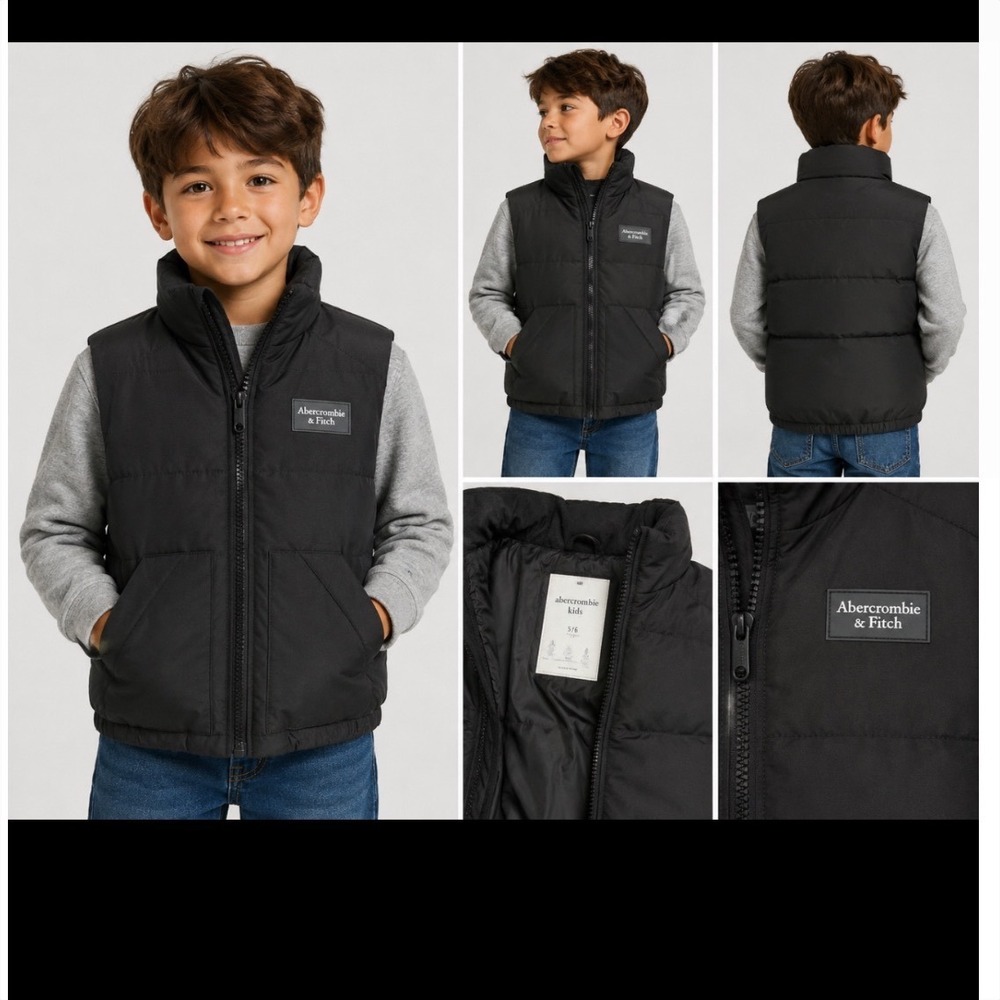 Abercrombie Kids Black Puffer Vest Wind Water Resistant Recycled‎ Fill Size 5/6